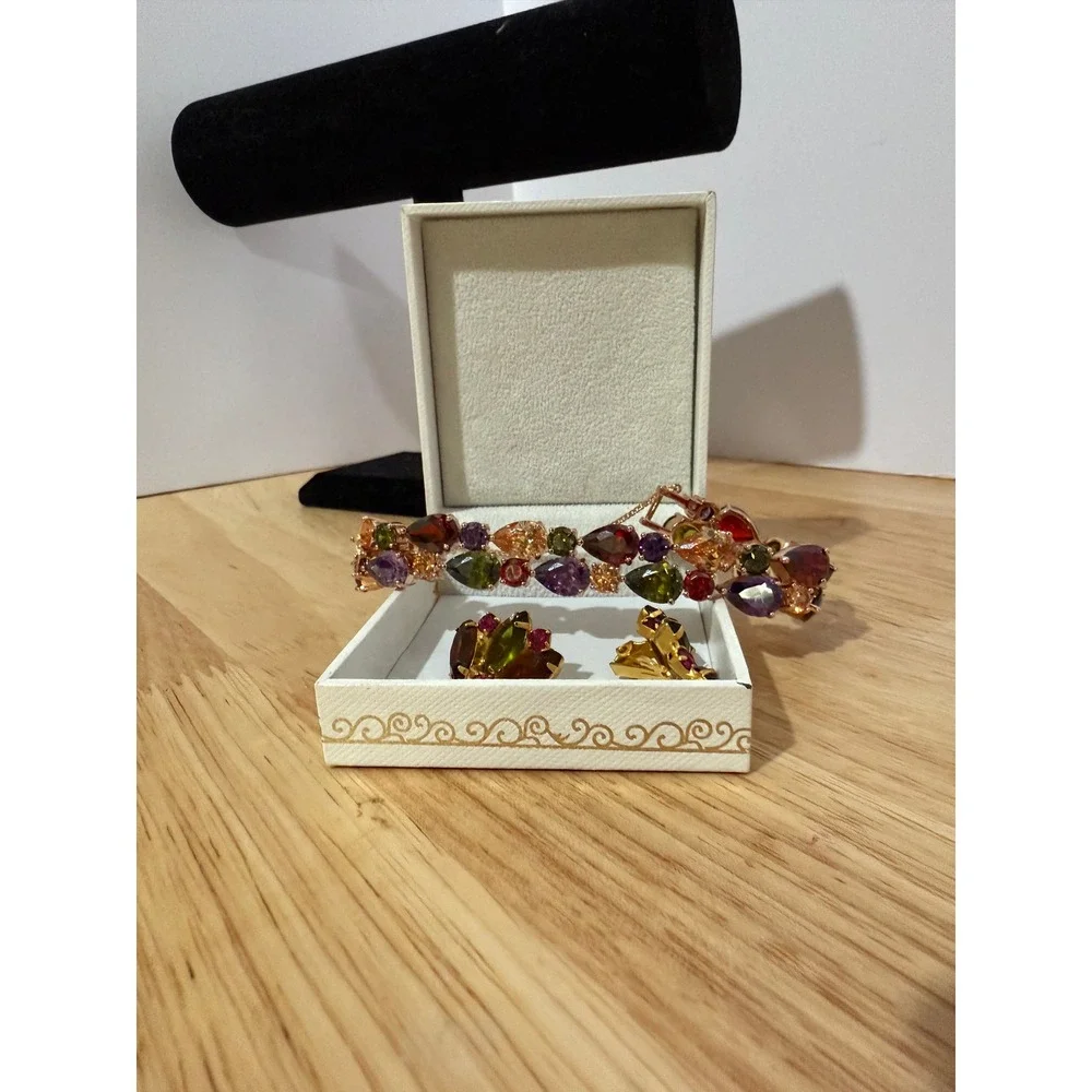 Nina Box Multicolor Gemstone Bracelet &‎ Clip-On Earrings Set
